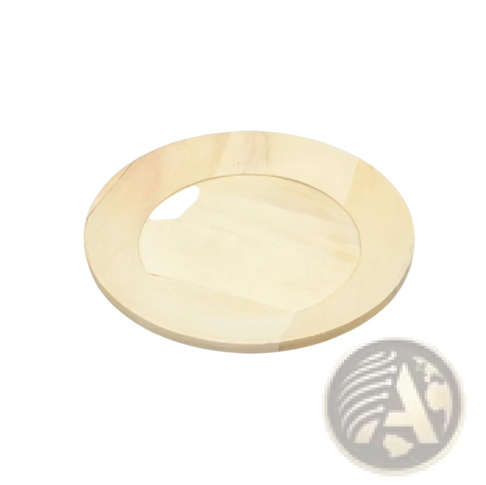 Light-colored wooden charger plate with smooth raised rim and natural wood grain in handcrafted rustic tableware set