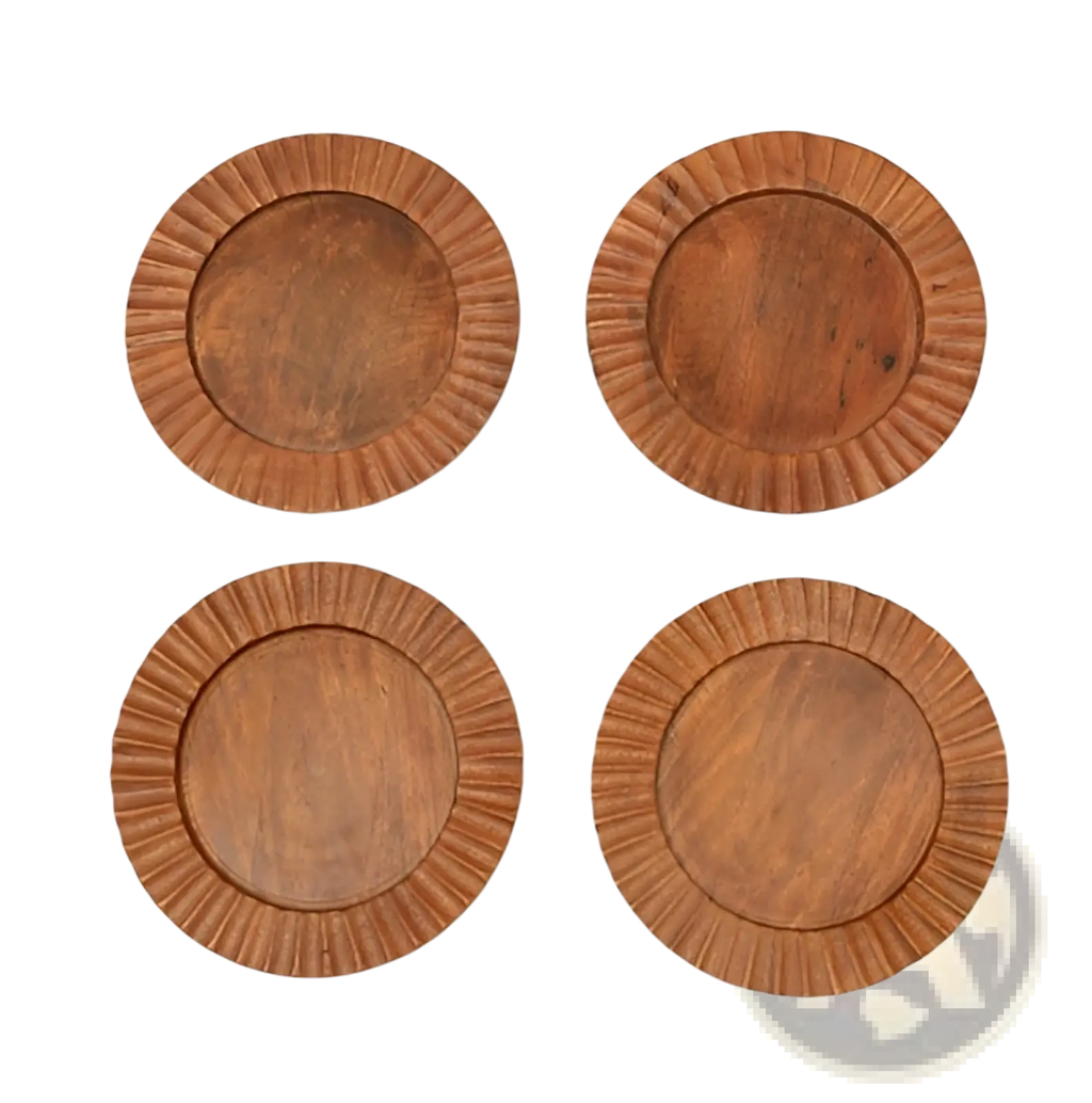 Set of four rustic wooden coasters with warm brown finish and scalloped edges in handcrafted wood charger plate set