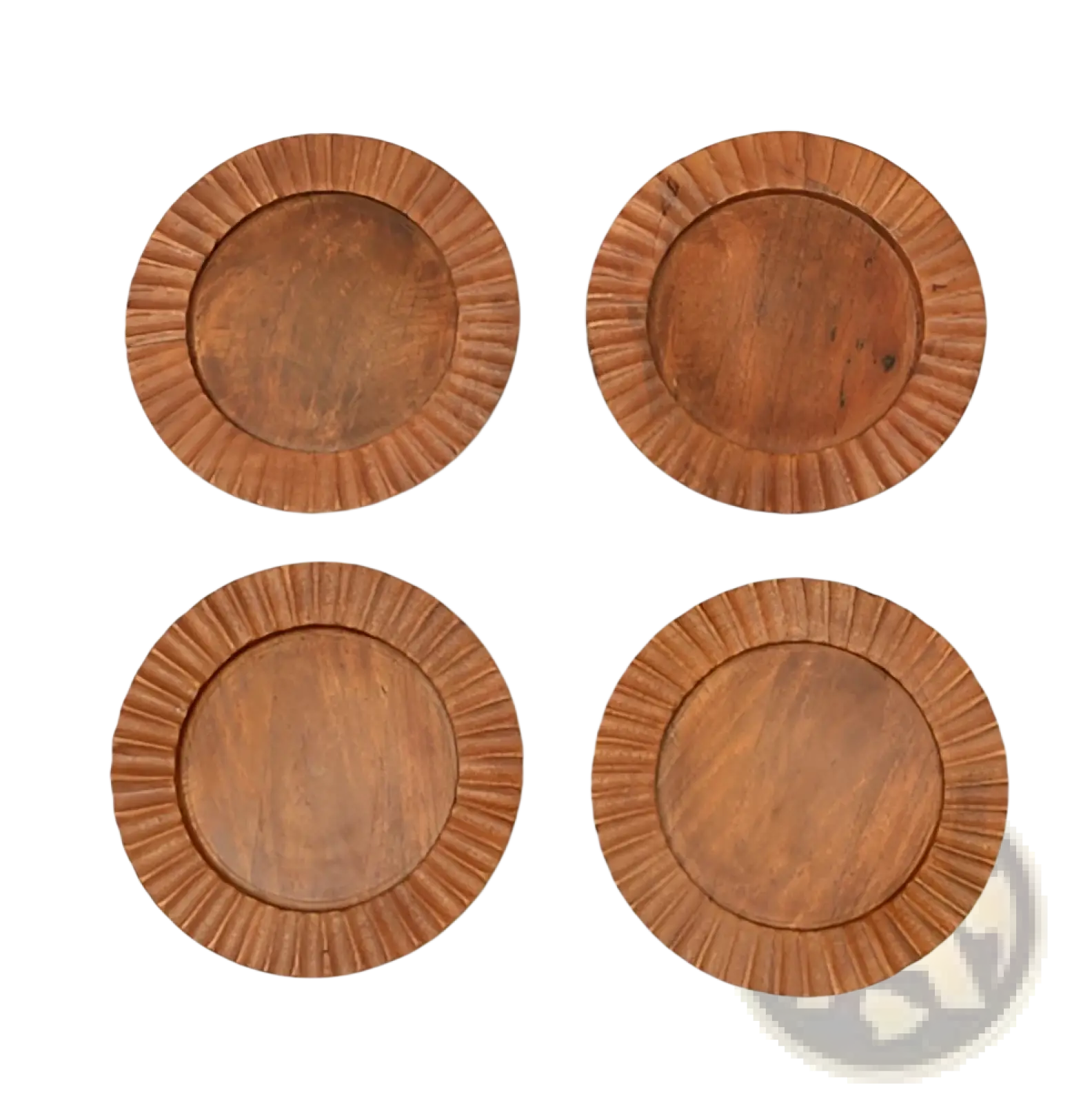 Set of four rustic wooden coasters with warm brown finish and scalloped edges in handcrafted wood charger plate set