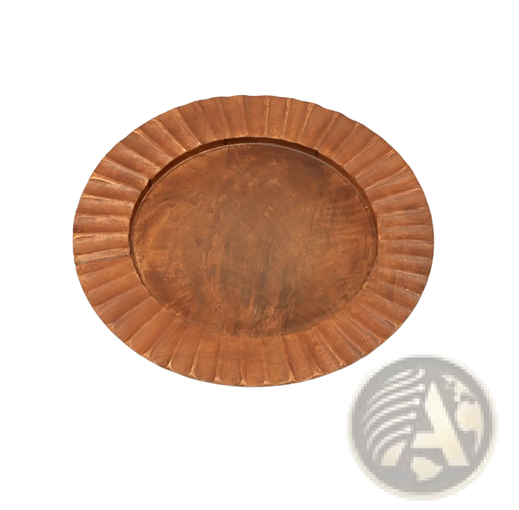 A rustic oval-shaped wooden serving tray with warm brown finish and decorative fluted edges handcrafted for tableware