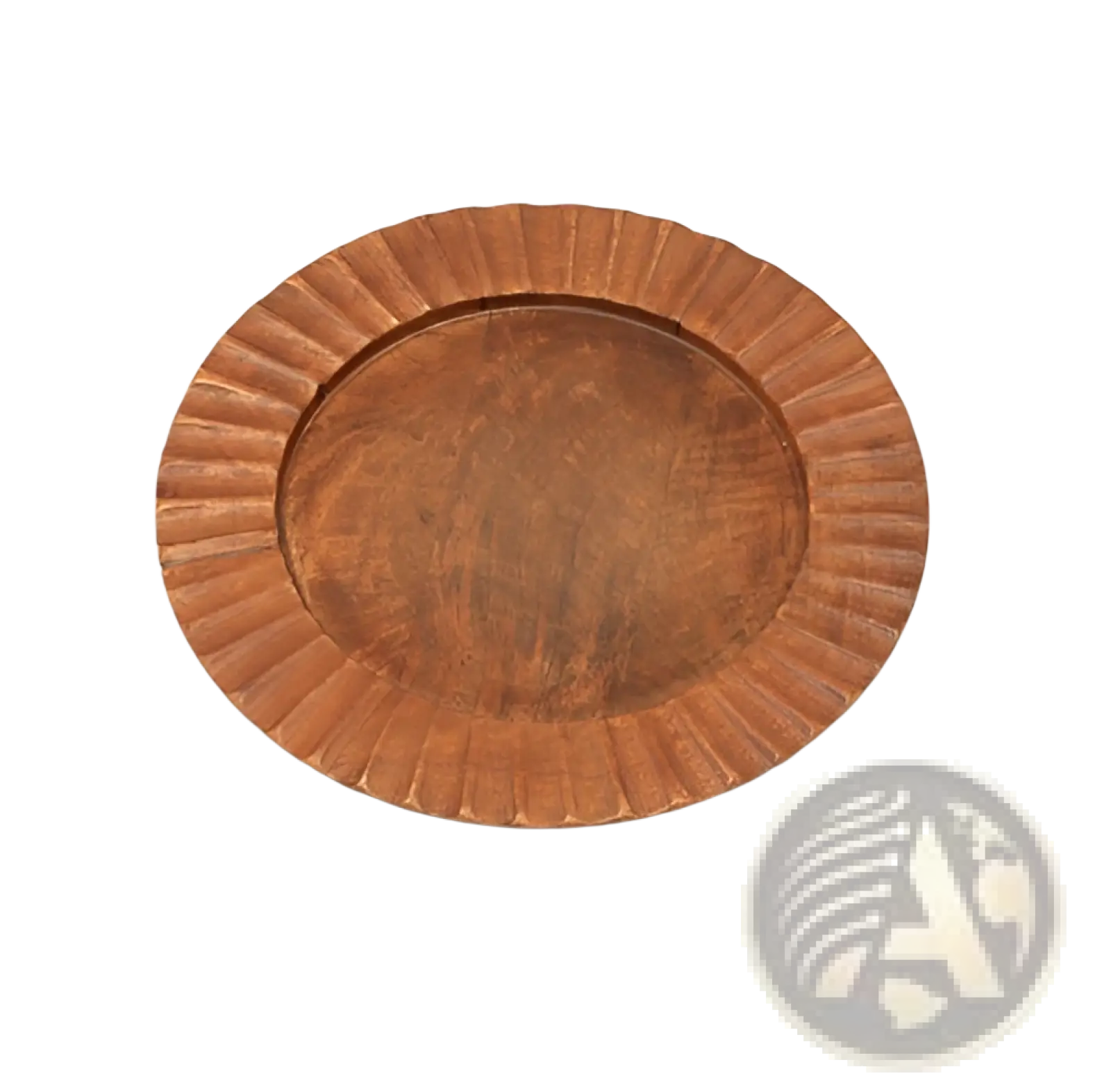 A rustic oval-shaped wooden serving tray with warm brown finish and decorative fluted edges handcrafted for tableware