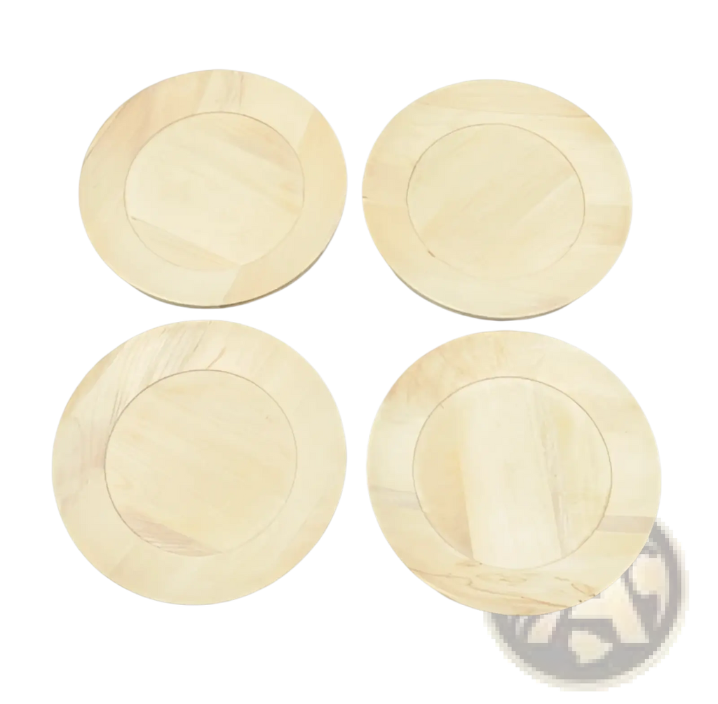 Four circular wooden coasters with light natural wood finish and visible grain from handcrafted rustic tableware set