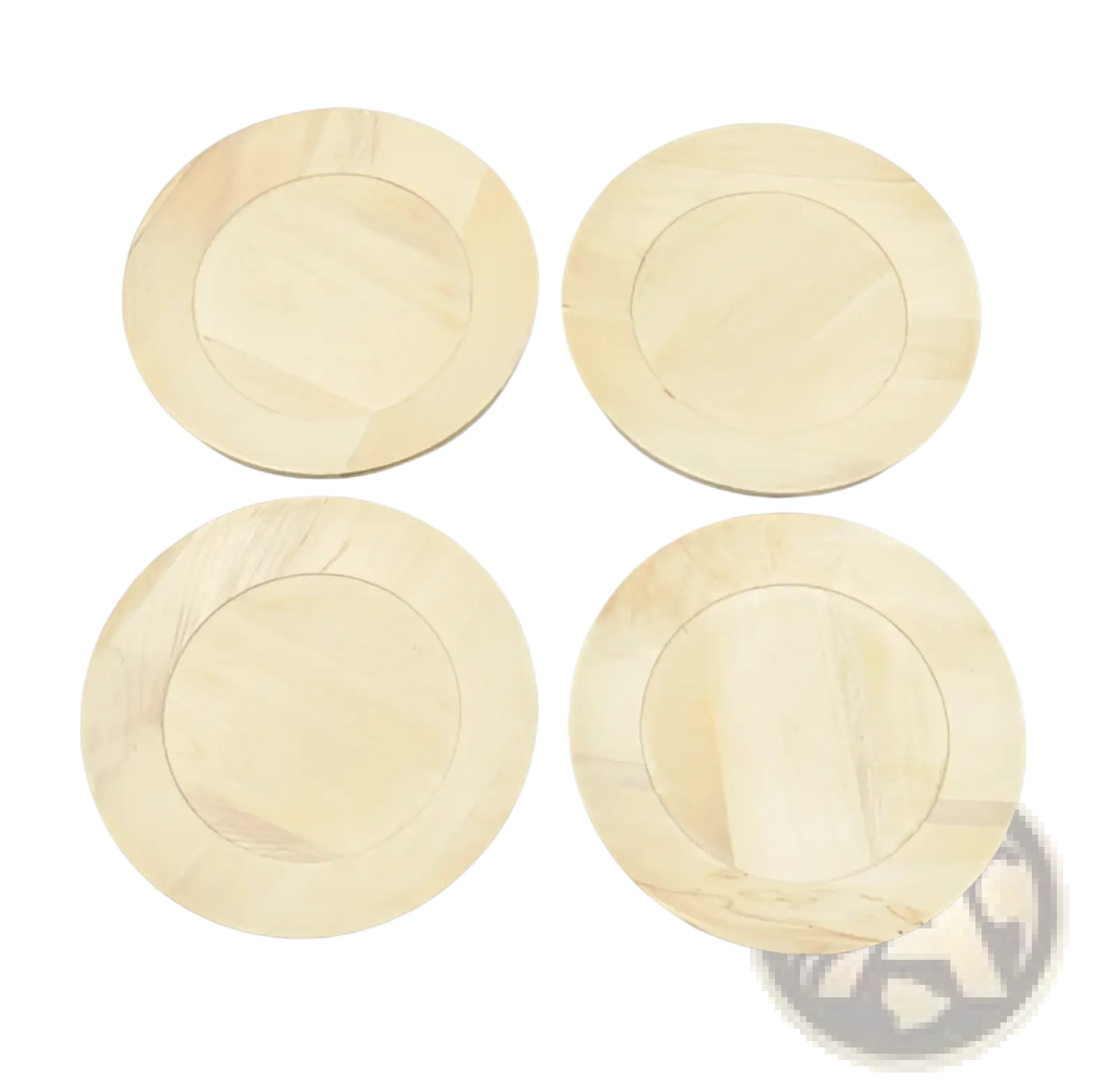 Four circular wooden coasters with light natural wood finish and visible grain from handcrafted rustic tableware set