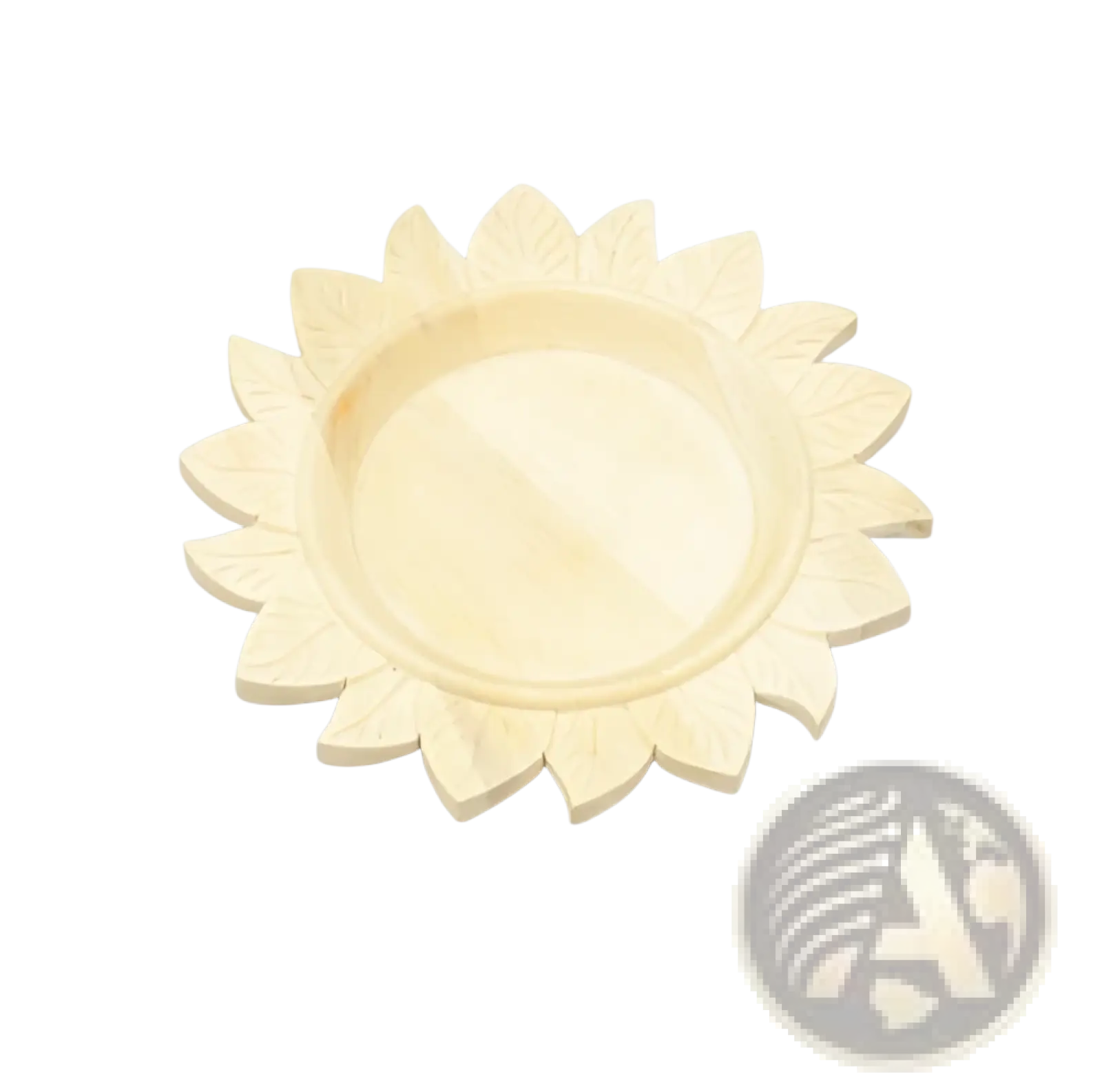 Cream-colored handcrafted wood charger plate with intricate lotus carving and a smooth glossy finish for rustic tableware