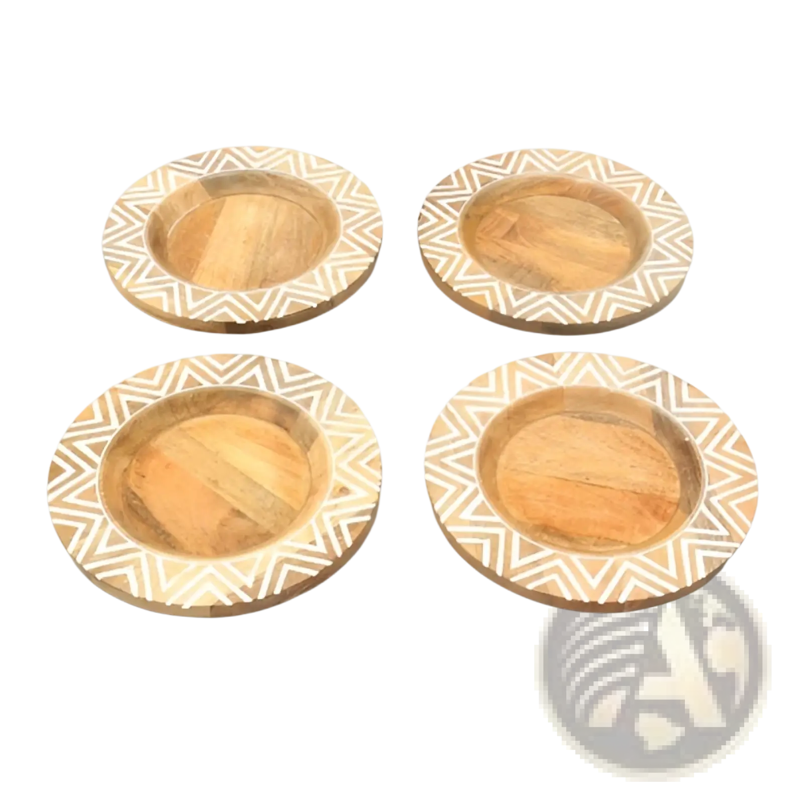 Set of four handcrafted rustic wood charger plate coasters with light brown wood grain and white geometric inlay pattern