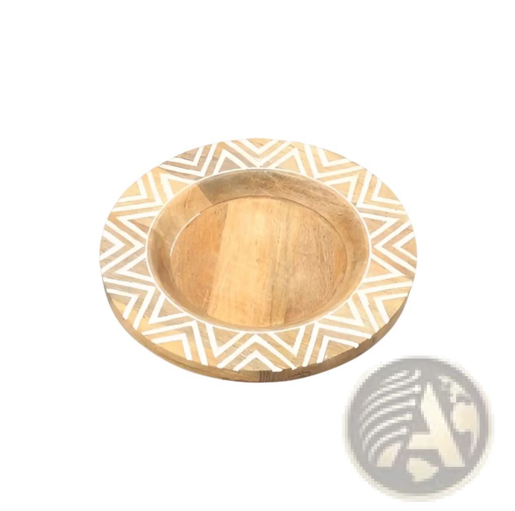 Wood charger plate handcrafted rustic tableware with natural wood center and white geometric zigzag rim design