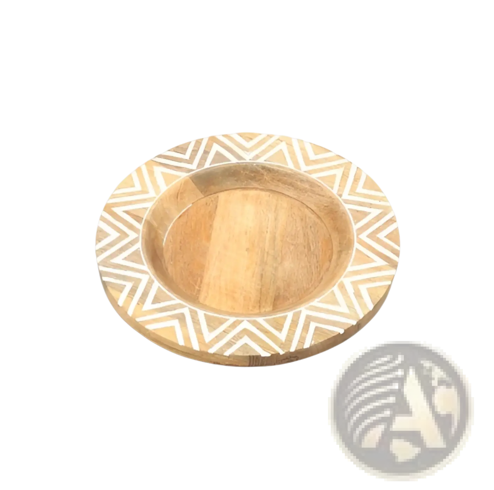 Wood charger plate handcrafted rustic tableware with natural wood center and white geometric zigzag rim design