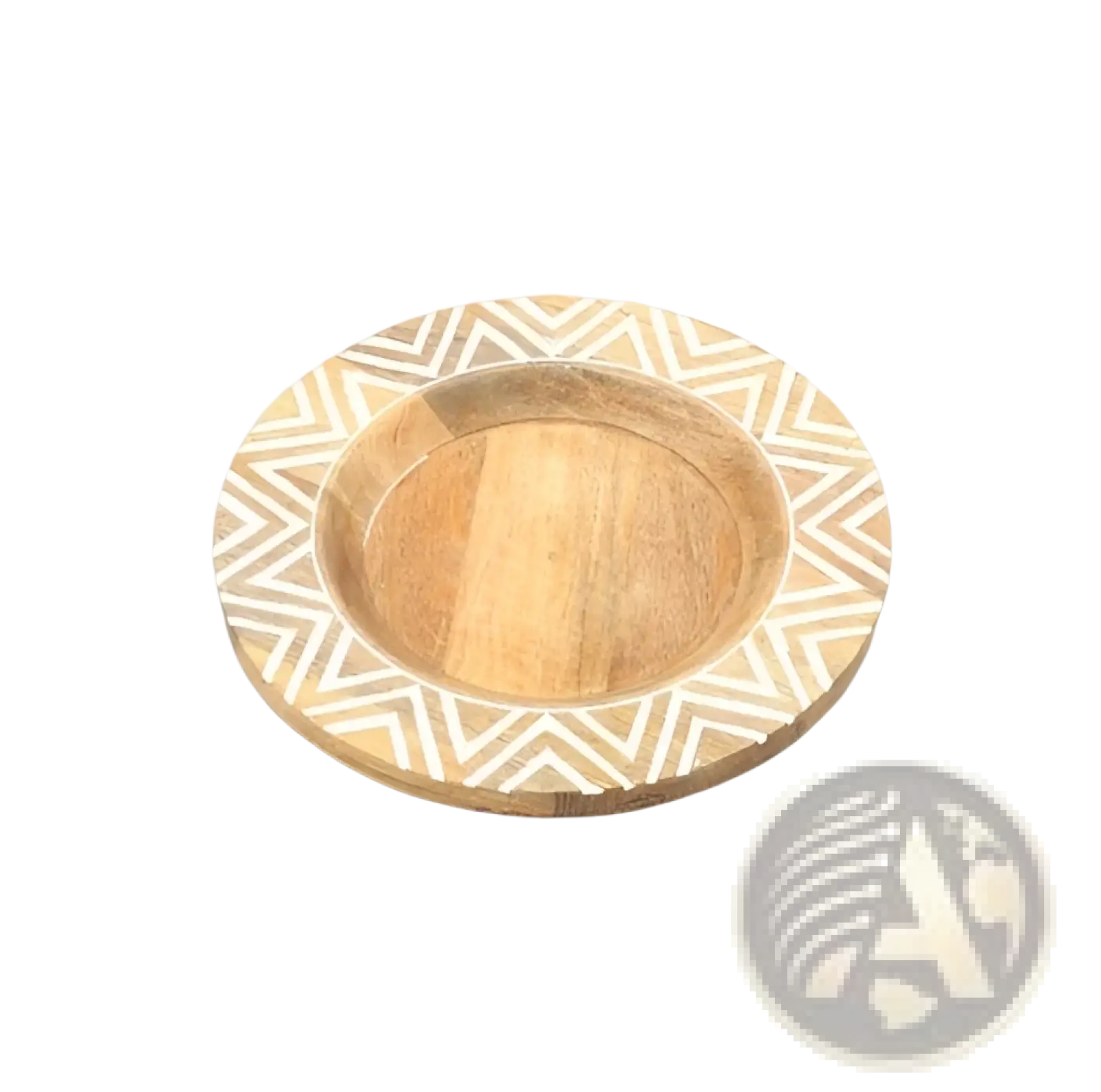 A round wooden charger plate with natural light brown finish and white geometric pattern handcrafted for rustic tableware