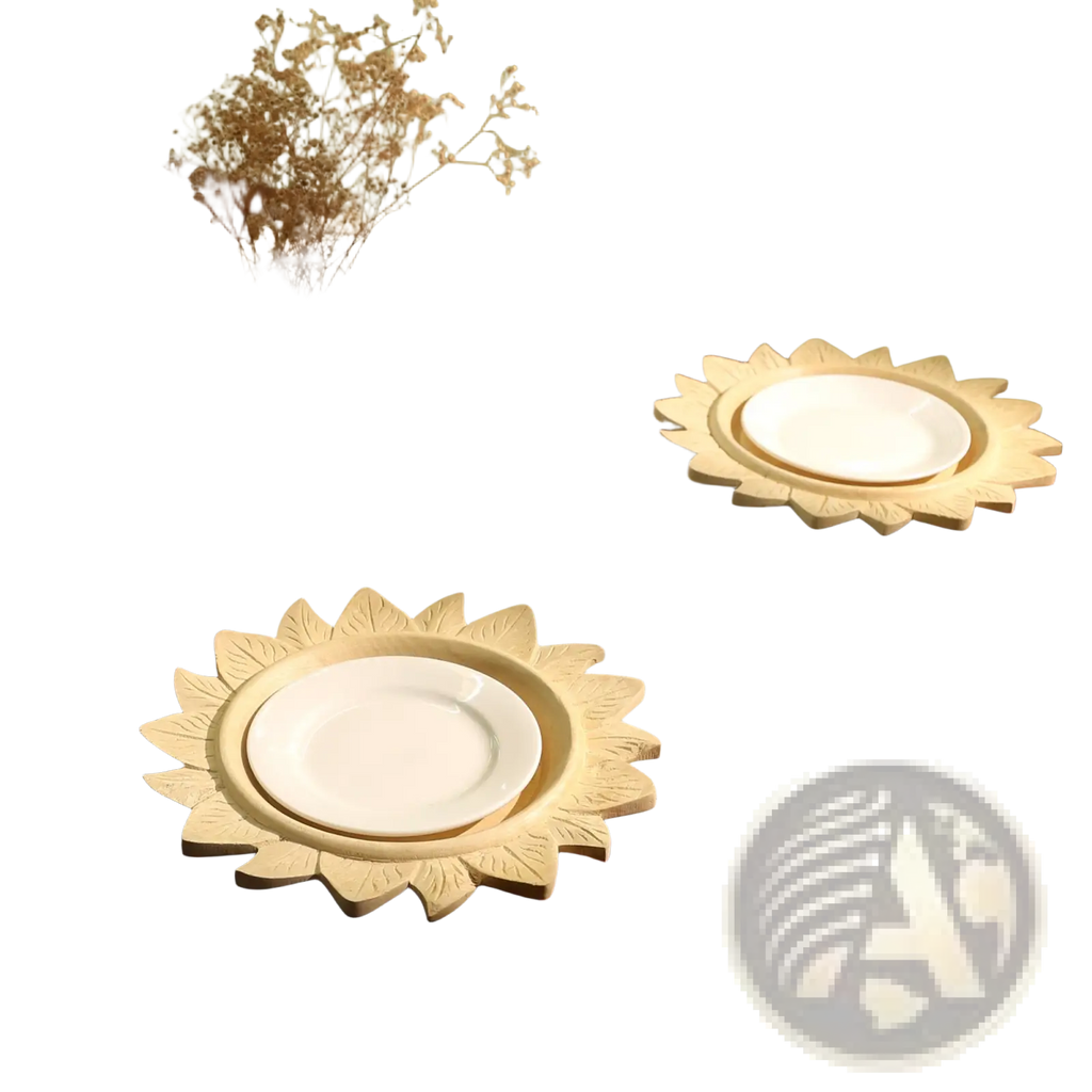 Wood charger plate handcrafted sunflower placemat 13in featuring sunburst wooden holders with white ceramic plates