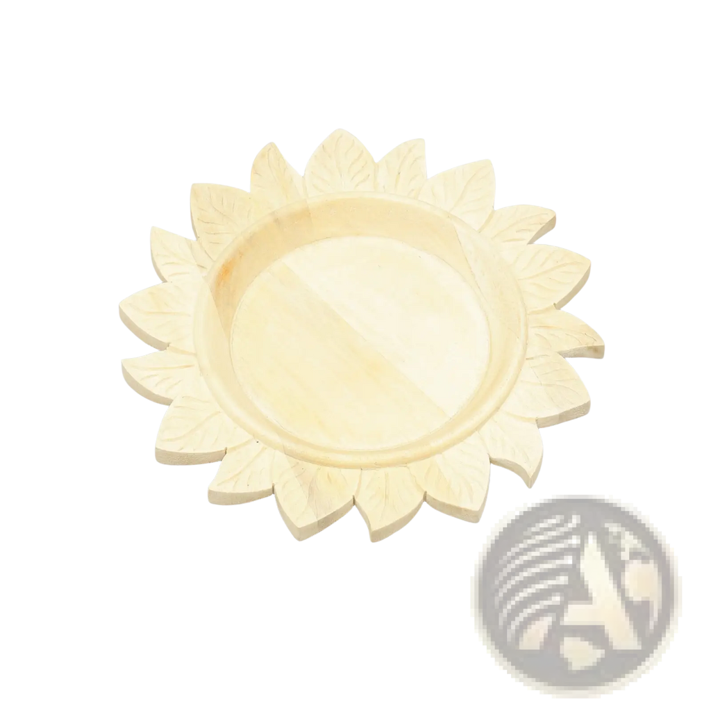 Cream-colored handcrafted wood charger plate with intricate sunflower and leaf carvings and smooth central well, 13in