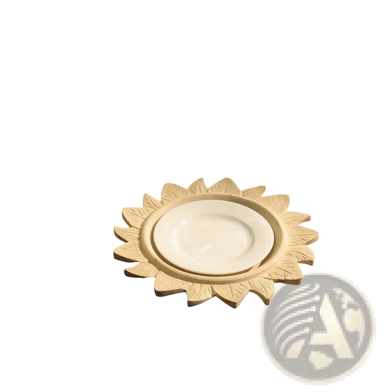 Sunflower-shaped handcrafted wooden charger plate holder with white ceramic plate in the center 13 inch placemat