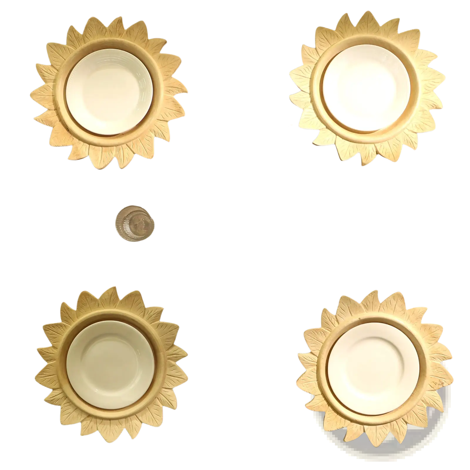 Handcrafted sunflower placemat wood charger plate 13in with ceramic sunflower-shaped plates beige and white finish