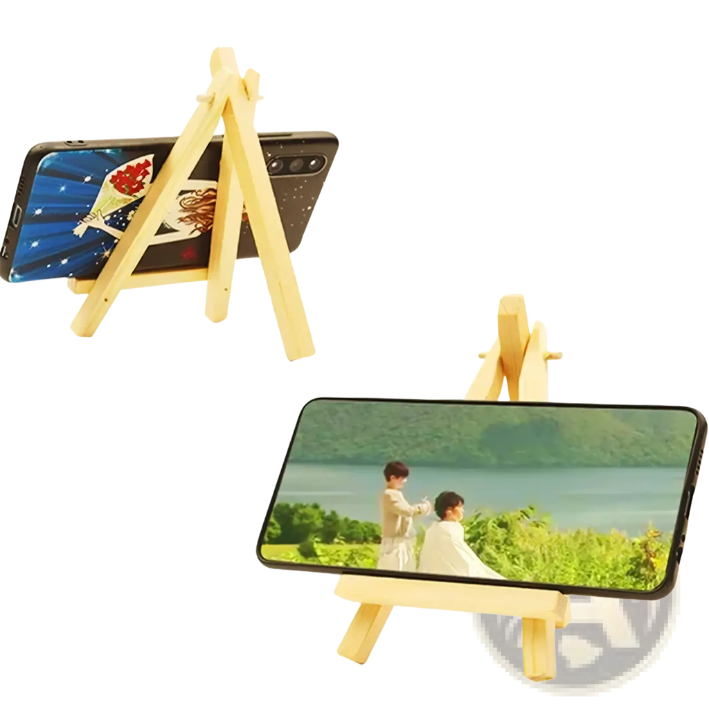 Light-colored wooden a-frame phone stand ideal for wedding engagement decor and birthday display easel use