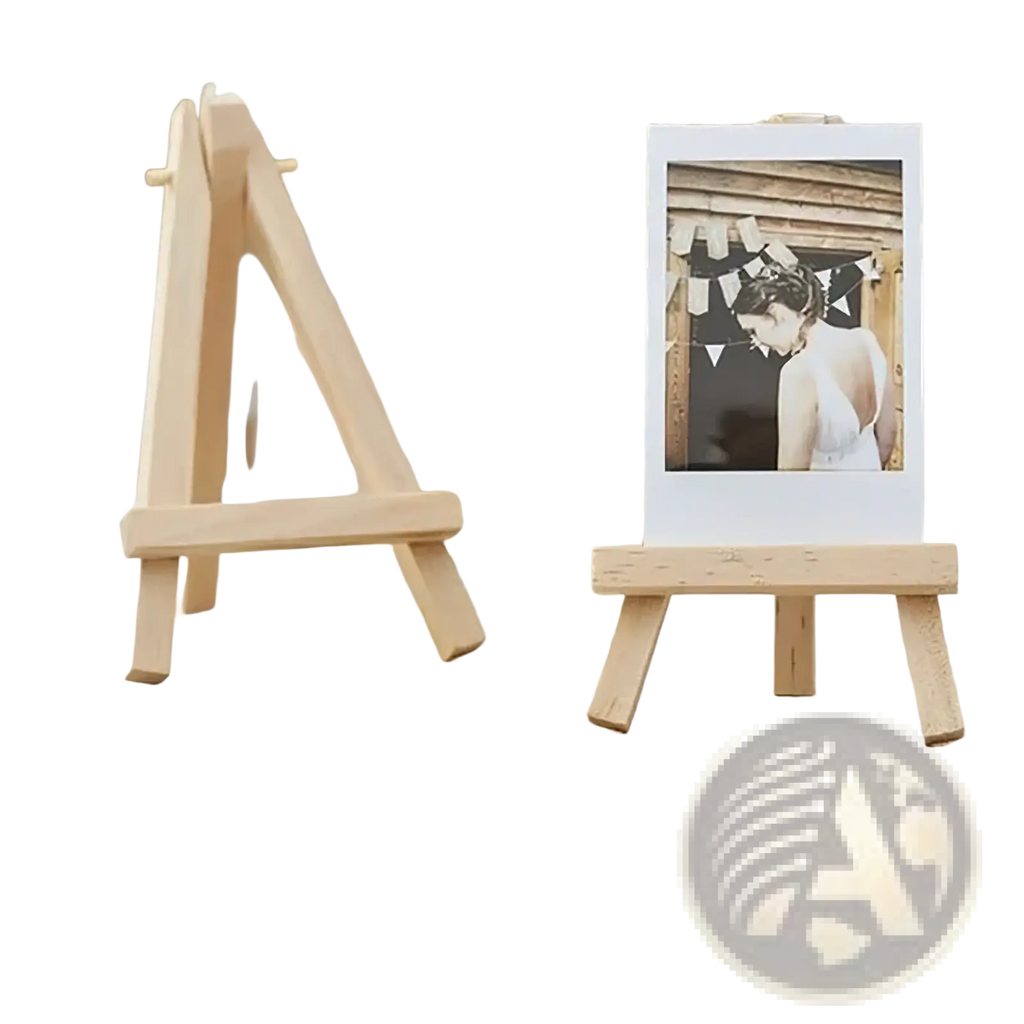 Light-colored wooden easel holding a polaroid photo perfect for wedding engagement decor and birthday decoration