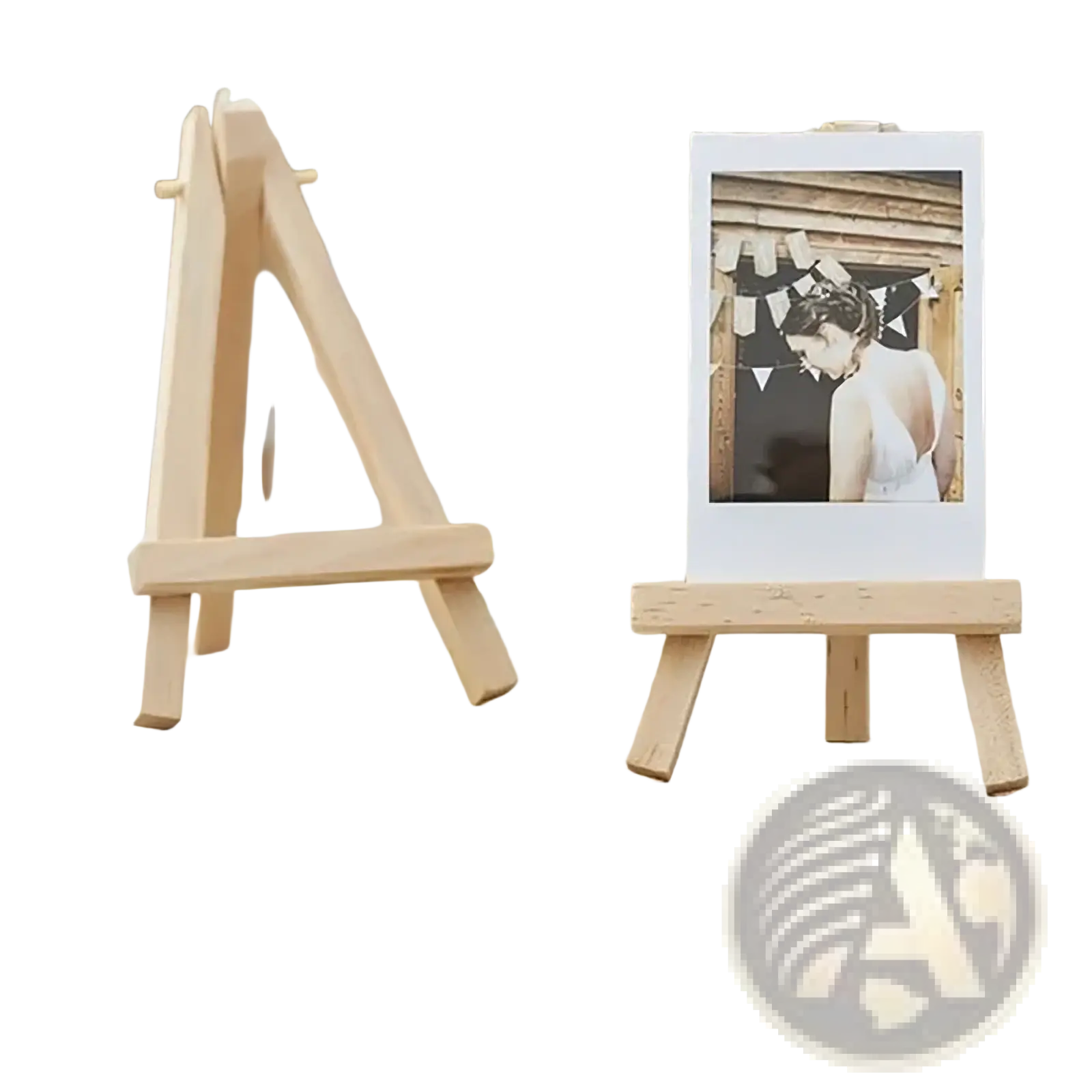Light-colored wooden easel holding a polaroid photo perfect for wedding engagement decor and birthday decoration