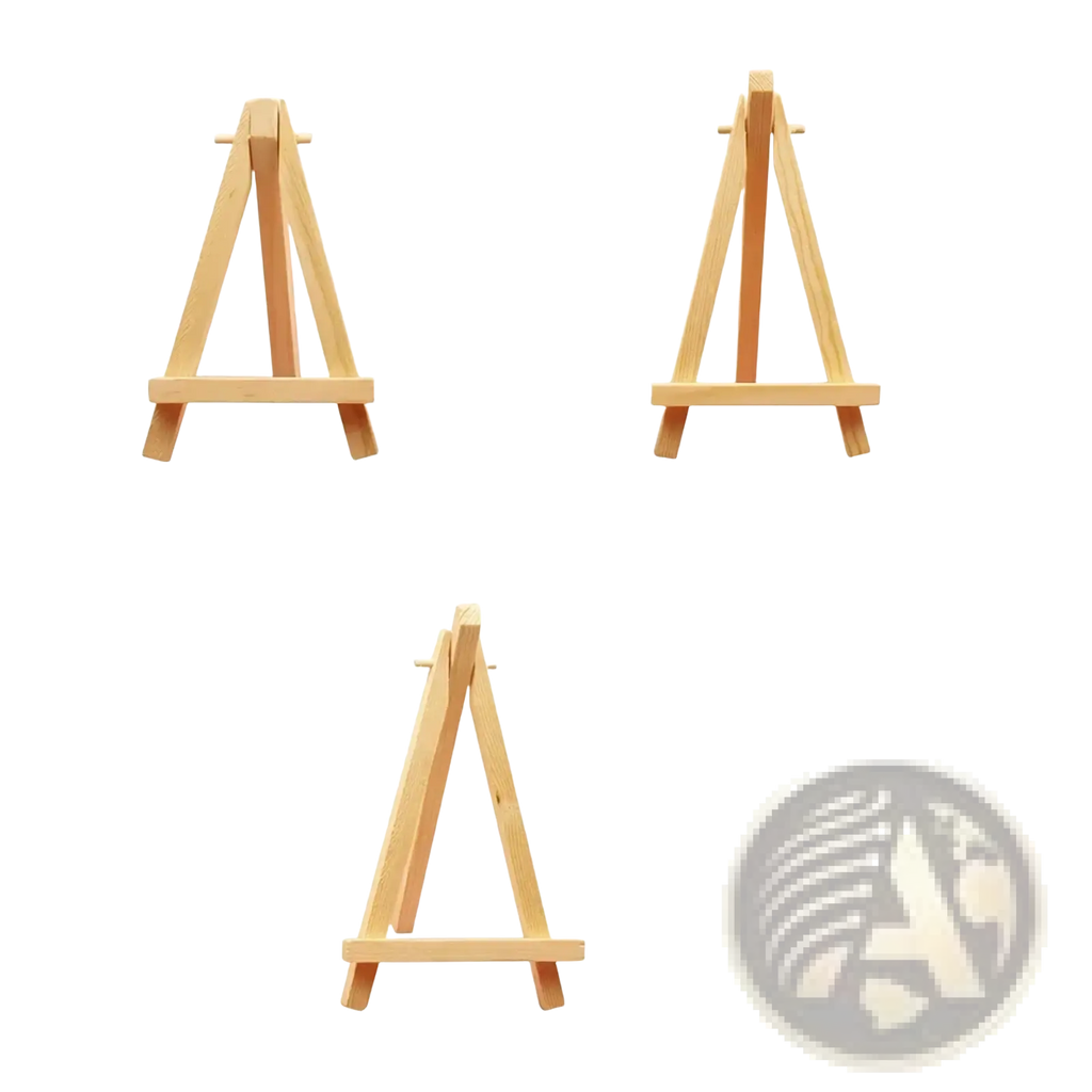 Three wooden easels in natural light brown finish with simple a-frame design for wedding and event display decor