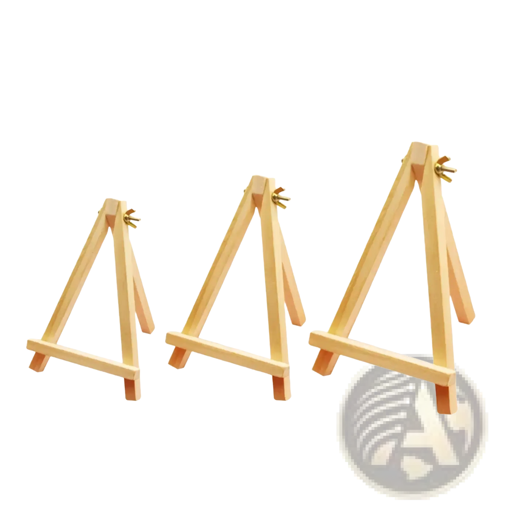 Three light-colored wooden easels with gold-toned wing nuts for wedding engagement decor and frame display