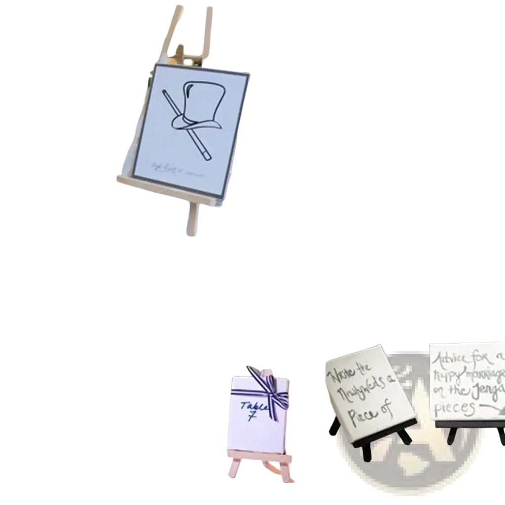 Wooden easel displaying a printed card with a black top hat and cane illustration for wedding or birthday decor