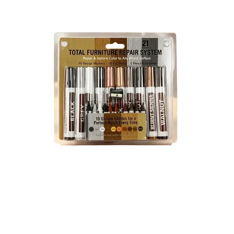 A 21-piece wood furniture repair marker kit in clear packaging with black grey walnut and burnt sienna tones