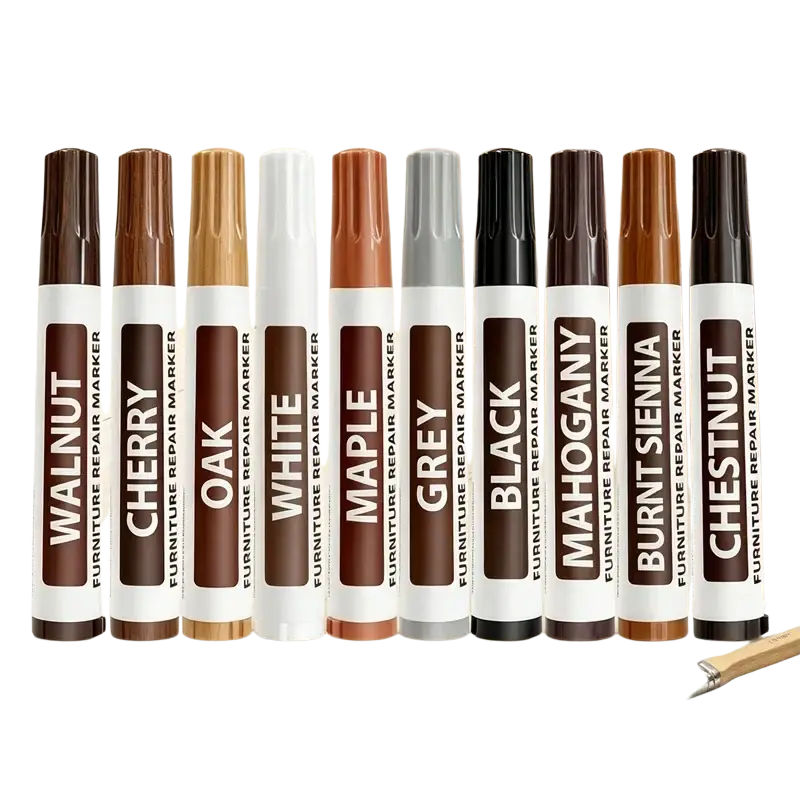 Set of eight wood furniture repair marker pens in walnut cherry oak white maple grey black and chestnut tones for scratch filling