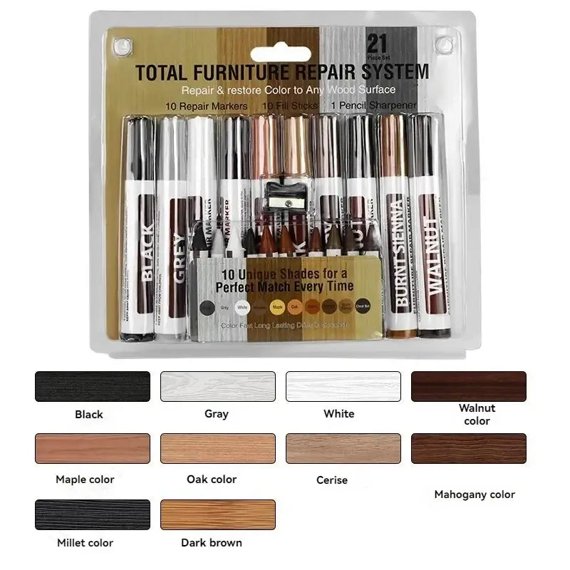 Total furniture repair system kit with 10 wood tone repair markers for furniture scratch filling and restoration