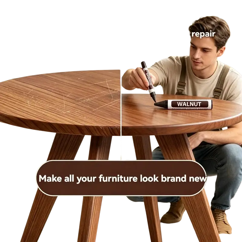 Walnut-colored wood furniture repair marker pen from a wood furniture repair marker kit for scratch filling and restoration