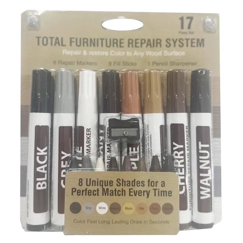 Wood furniture repair marker and scratch remover kit with 17 pieces including eight markers in black grey white cherry walnut
