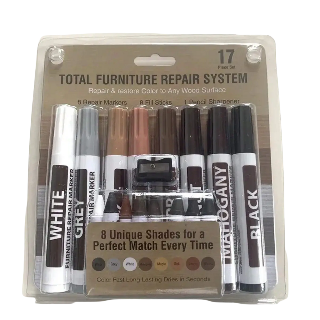 A 17-piece wood furniture repair marker and scratch remover kit with eight color markers fill sticks and pencil sharpener