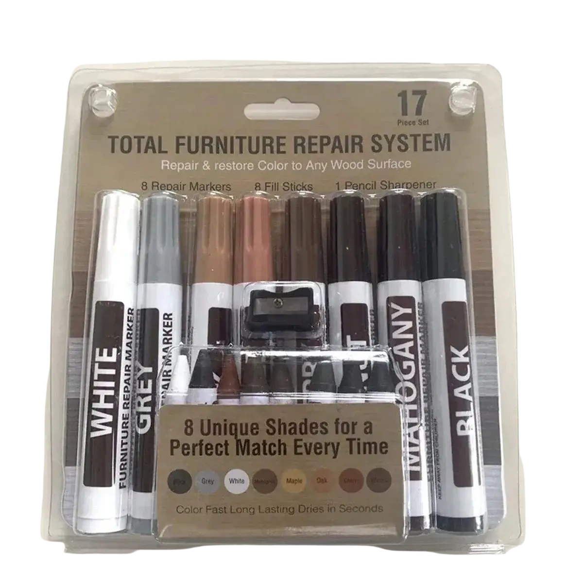 A 17-piece wood furniture repair marker and scratch remover kit with eight color markers fill sticks and pencil sharpener