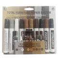 A 21-piece wood furniture repair marker and scratch remover kit with ten wood tone markers, pencil sharpener, and fill sticks