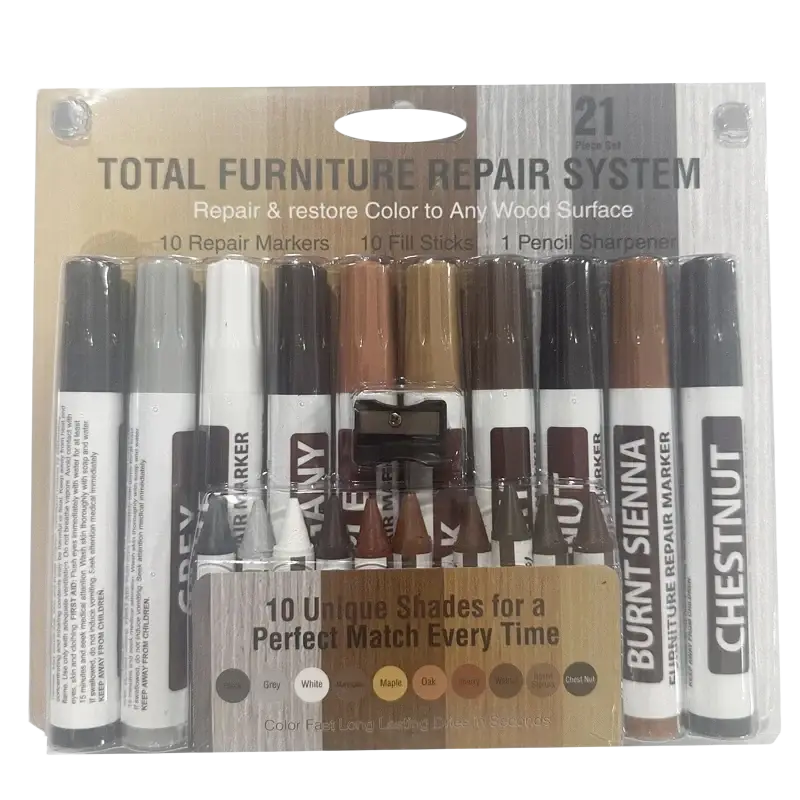 A 21-piece wood furniture repair marker and scratch remover kit with ten wood tone markers, pencil sharpener, and fill sticks