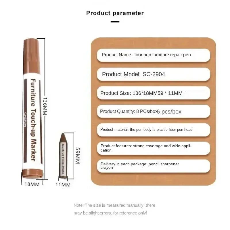 Brown plastic fiber wood furniture repair marker with matching cap and white label for touch-up and scratch removal