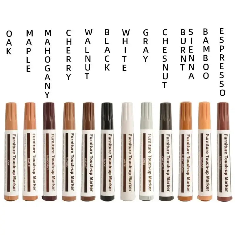 Set of ten wood furniture repair markers in assorted stain colors for scratch removal and touch-up on wood surfaces