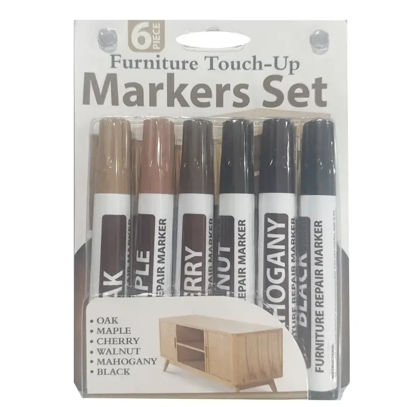 Wood furniture repair marker and scratch remover kit six-piece set with oak maple cherry walnut mahogany and black colors in clear package