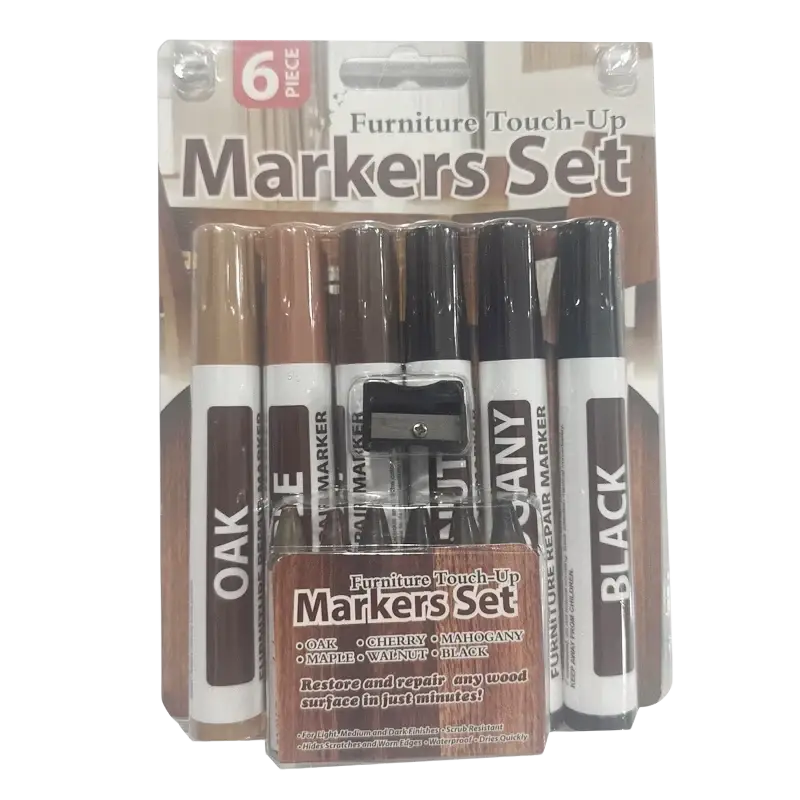 Six-piece wood furniture repair marker set with oak cherry mahogany maple walnut and black colors for scratch removal
