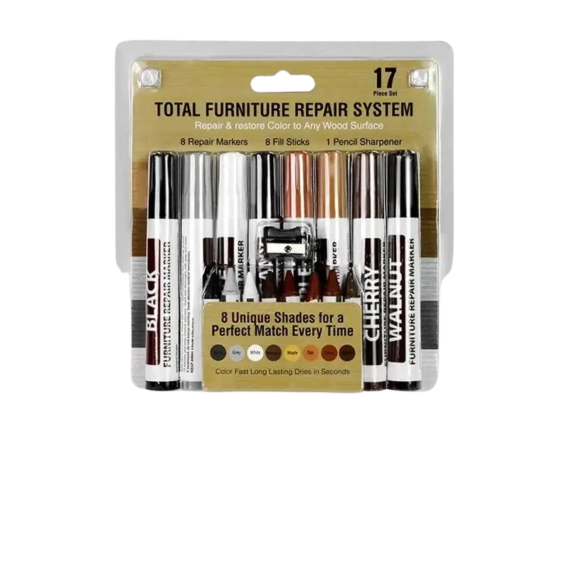 A 17-piece wood furniture repair marker set with eight wood tone markers for scratch removal and touch-ups