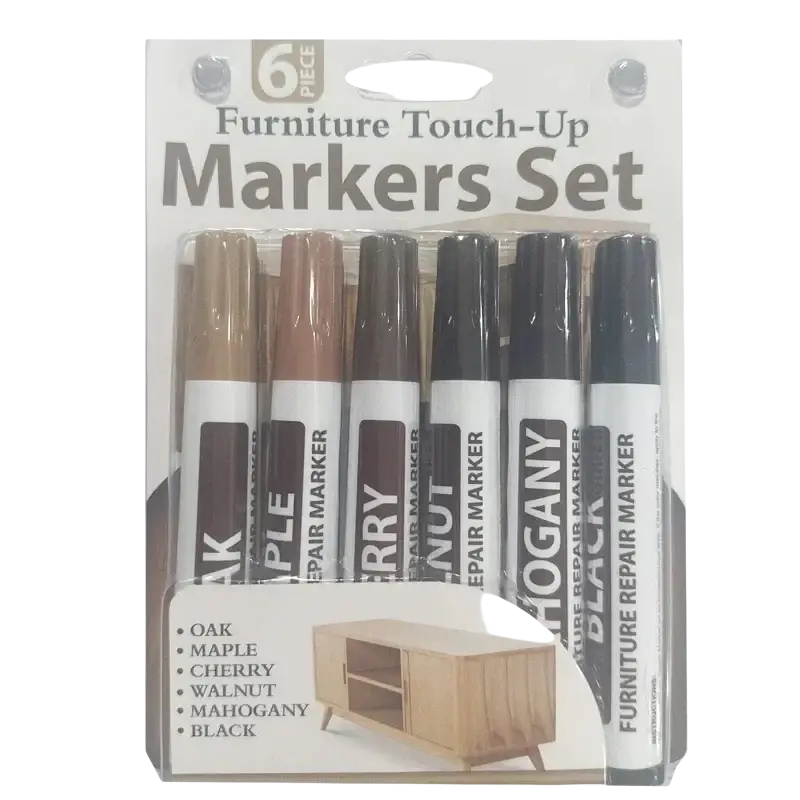 Six-piece wood furniture repair marker set with oak maple cherry walnut mahogany and black finish markers for scratch removal