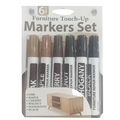 Six-piece wood furniture repair marker set with oak maple cherry walnut mahogany and black finish markers for scratch removal