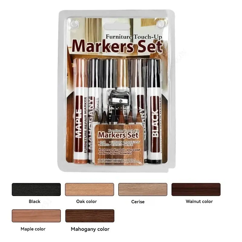 Wood furniture repair marker set with six touch-up markers in black oak cerise walnut maple and mahogany colors