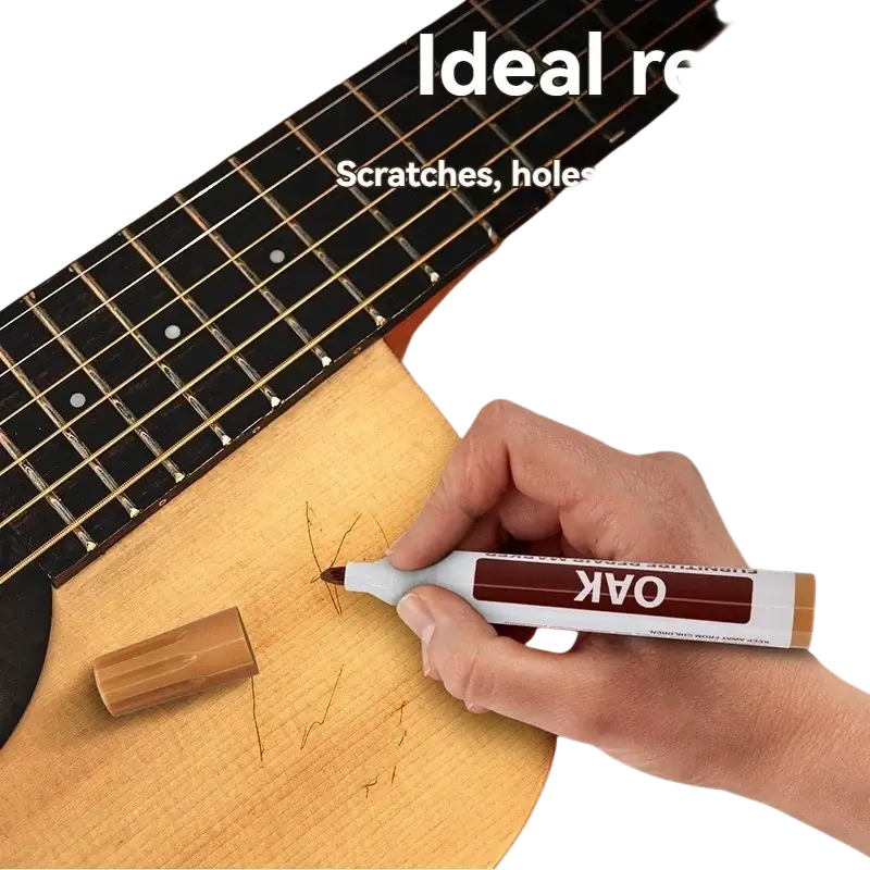 A white and brown oak wood furniture repair marker for fixing scratches holes and paint shedding on wooden surfaces