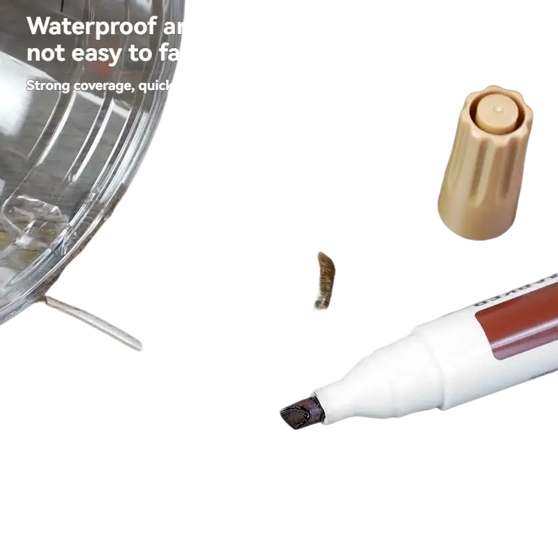 Wood furniture repair marker with white body, red ink cartridge, and beige cap for waterproof quick-drying use