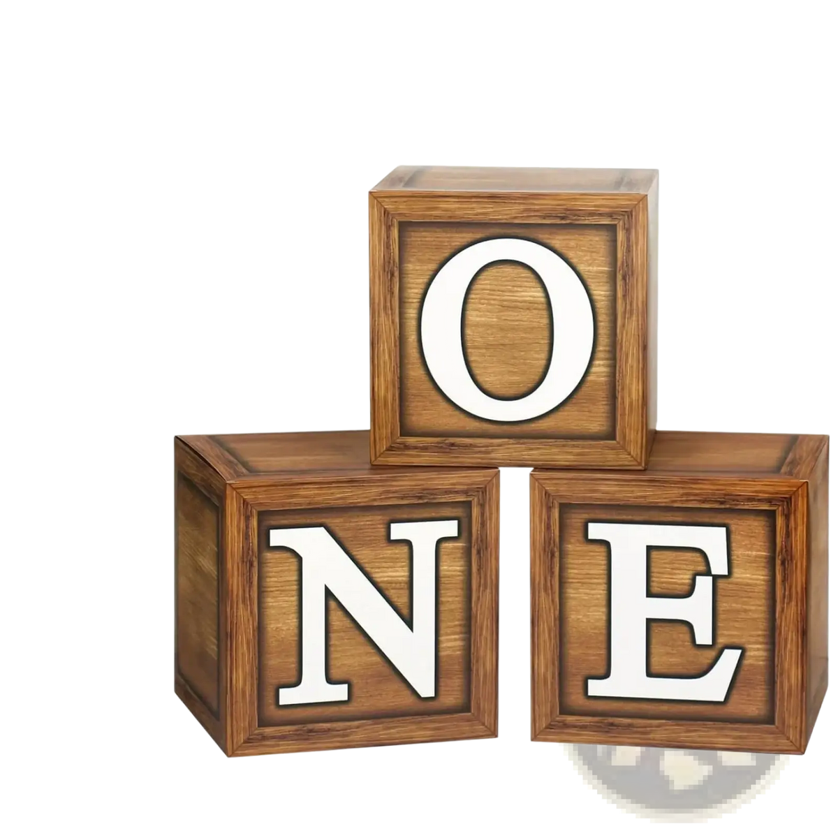 Wood grain 1st birthday balloon boxes set featuring three 30cm wooden cubes with white one lettering