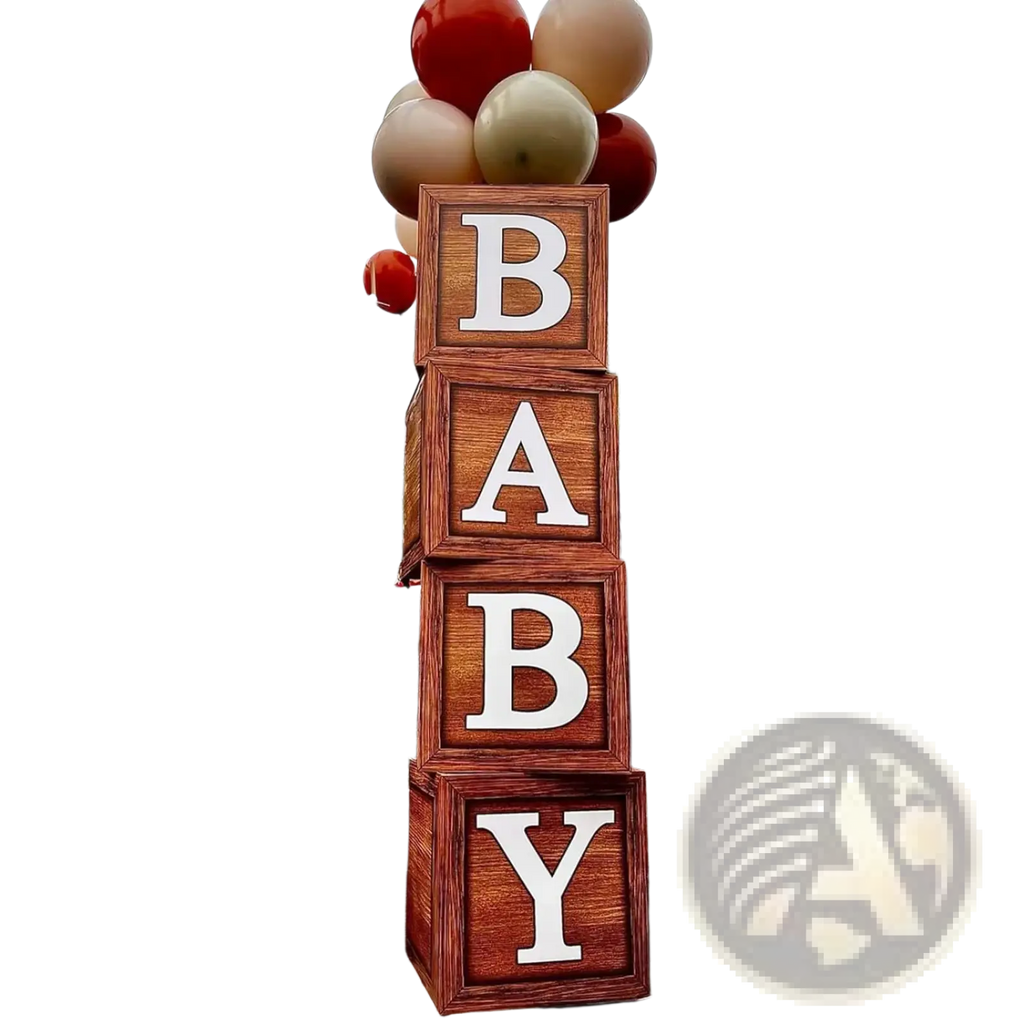 Wooden block letters spelling baby with white lettering and rustic natural wood finish in wood grain 1st birthday balloon boxes set