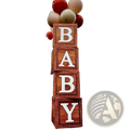 Wooden block letters spelling baby with white lettering and rustic natural wood finish in wood grain 1st birthday balloon boxes set
