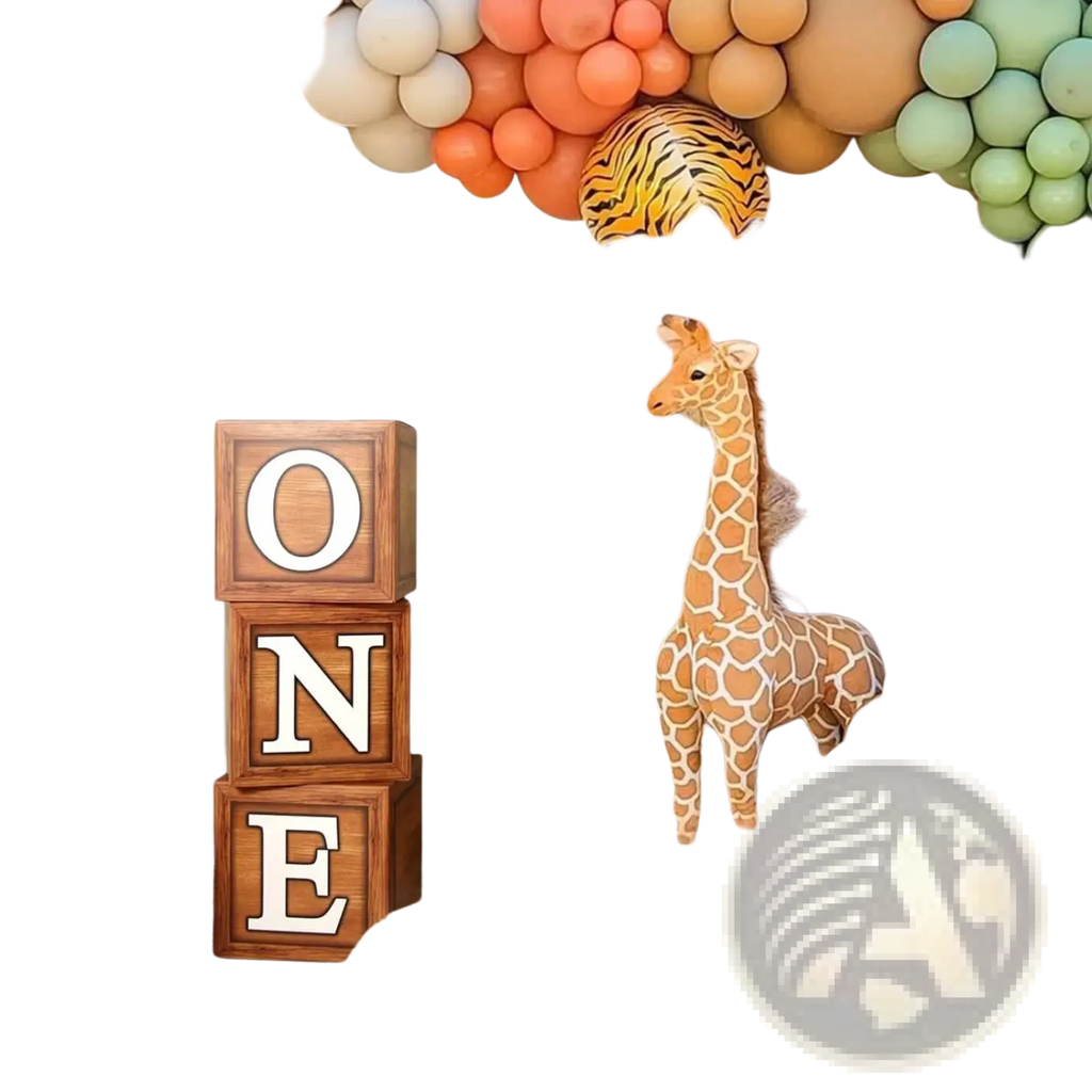 A plush tan and brown spotted giraffe figurine standing upright among wood grain 1st birthday balloon boxes set decorations