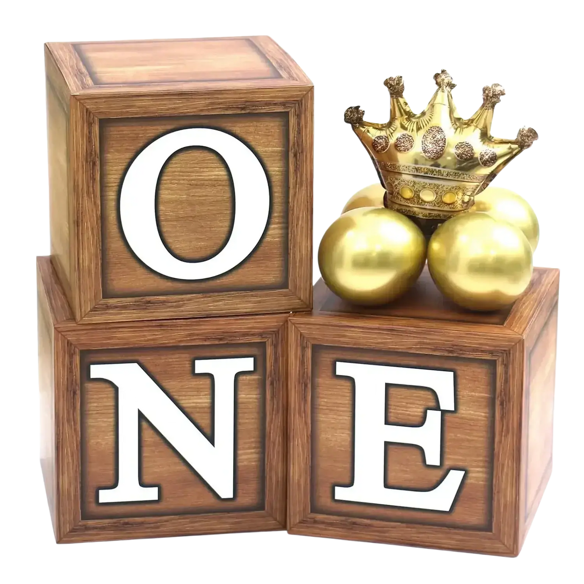 Wooden wood grain balloon boxes with white one lettering topped by a golden crown for 1st birthday balloon decor