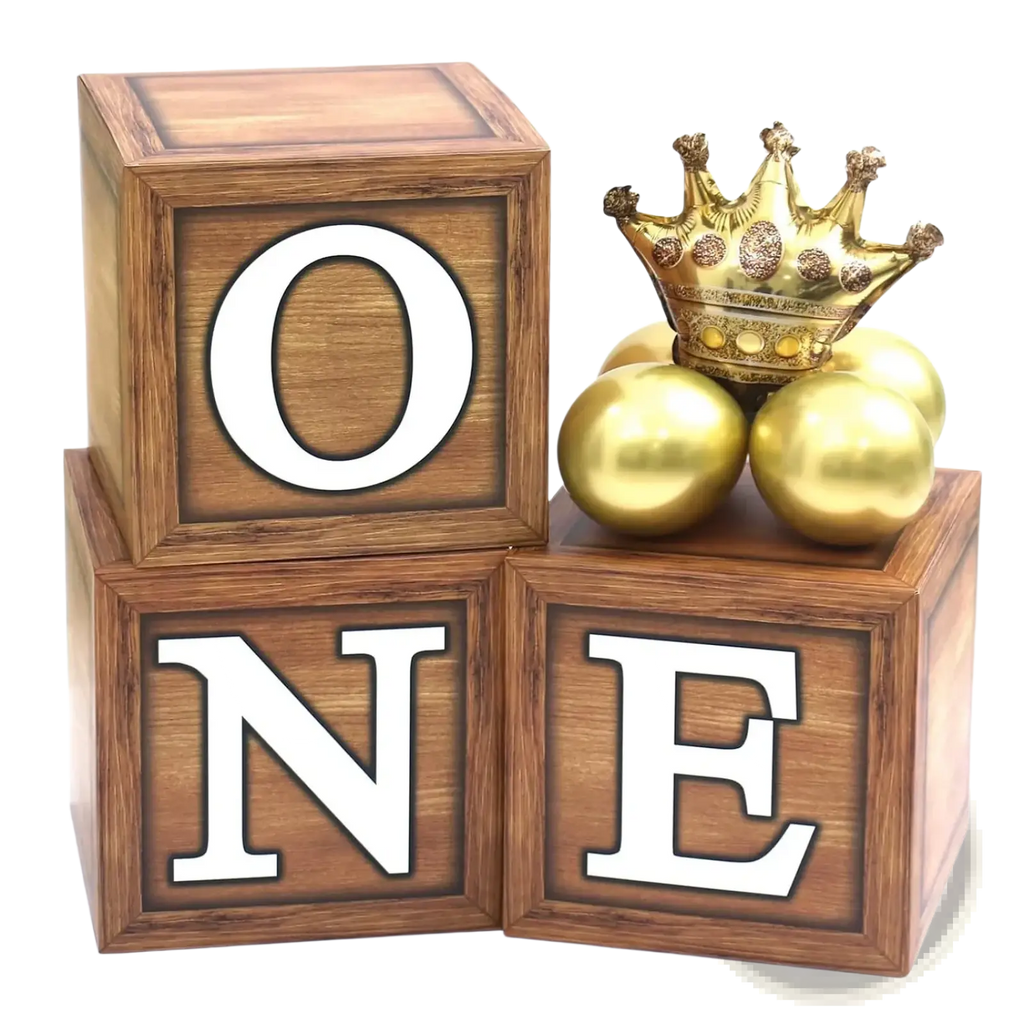 Wood grain 1st birthday balloon boxes set featuring wooden blocks with white one lettering topped by a golden crown and spheres