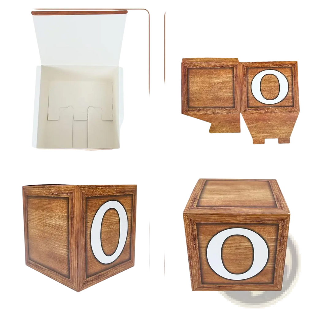 Wooden cube box with white letter o on each side featuring rustic wood grain for wood grain 1st birthday balloon boxes set