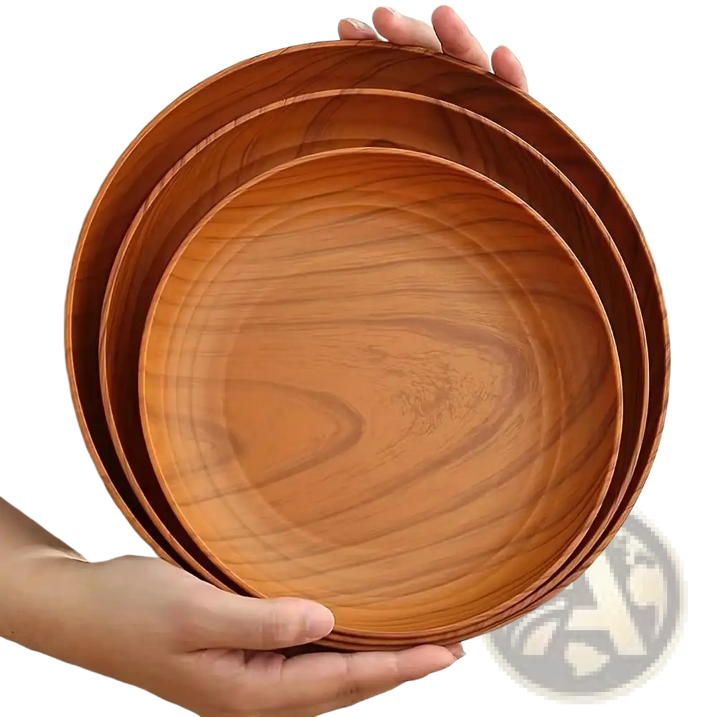 Set of three natural wood grain plastic plates with warm brown tones and round striped design 10pc