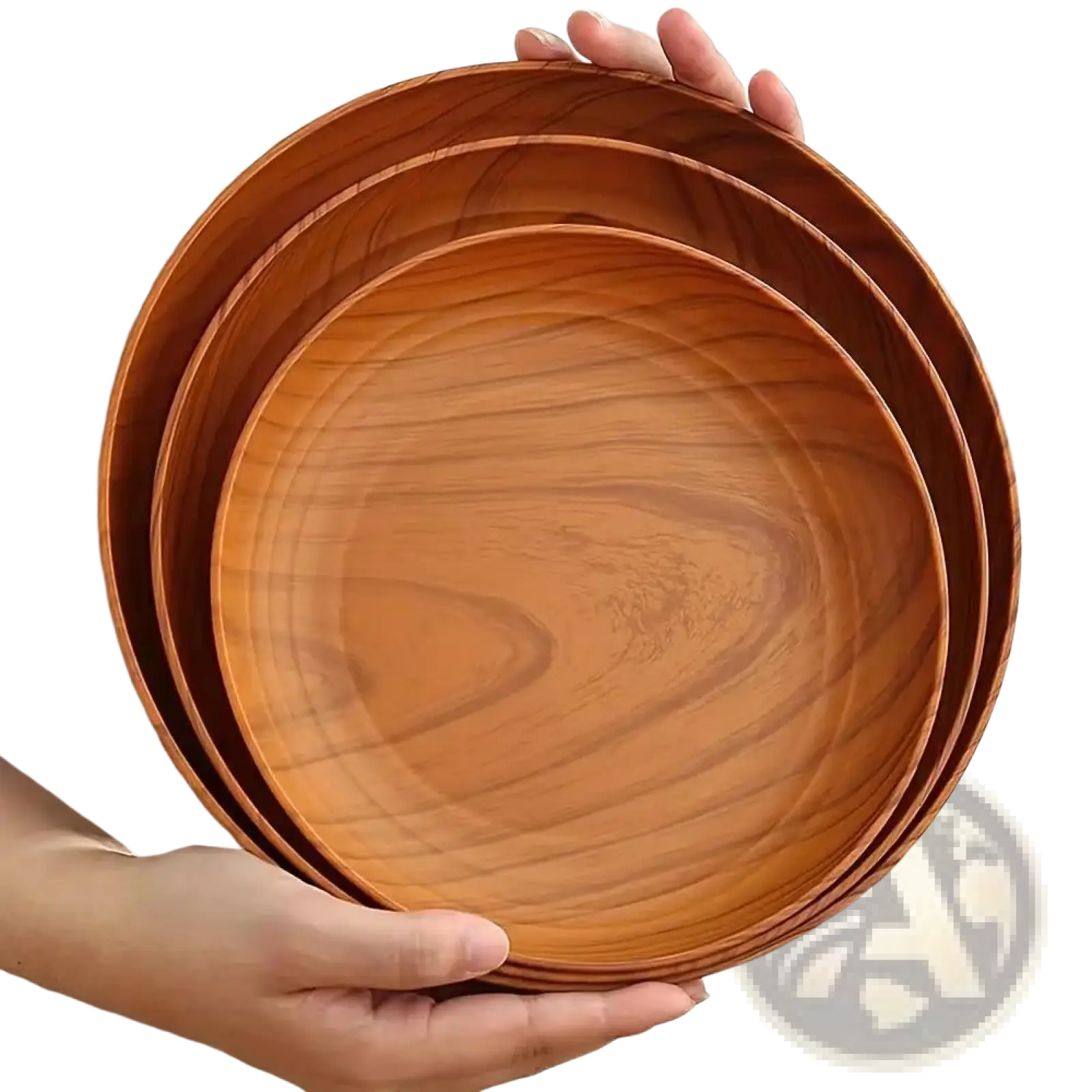 Set of three natural wood grain plastic plates with warm brown tones and round striped design 10pc